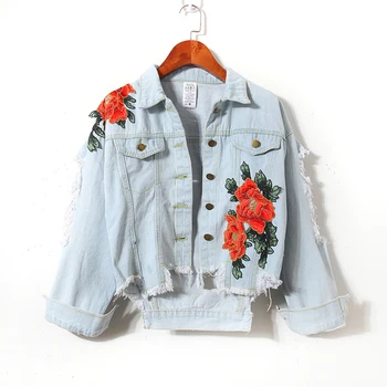 

Spring Harajuku Embroidery Holes Denim Jacket Autumn Slim Short Jeans Jacket Casual Girls Light Blue Jeans Coat