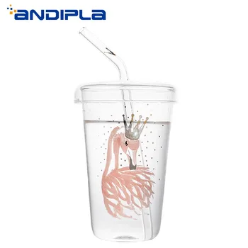 

400ml Nordic Creative Heat-resistant Glass Coffee Cup Afternoon Lemon Flower Teacup with Lid and Straws Milk Juice Water Mug New