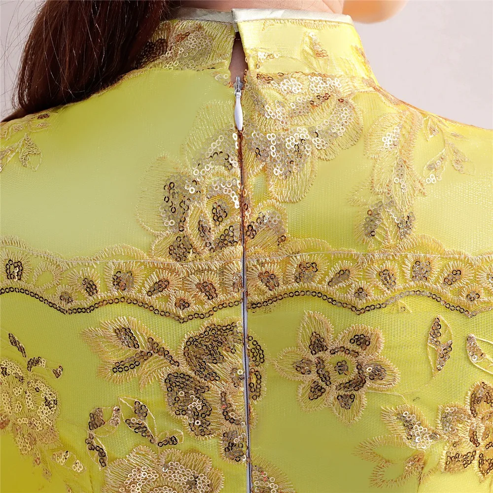 Шанхай история золото китайское традиционное платье цветочный блестками Длинные Русалка Qipao короткий рукав кружево традиционное китайское платье