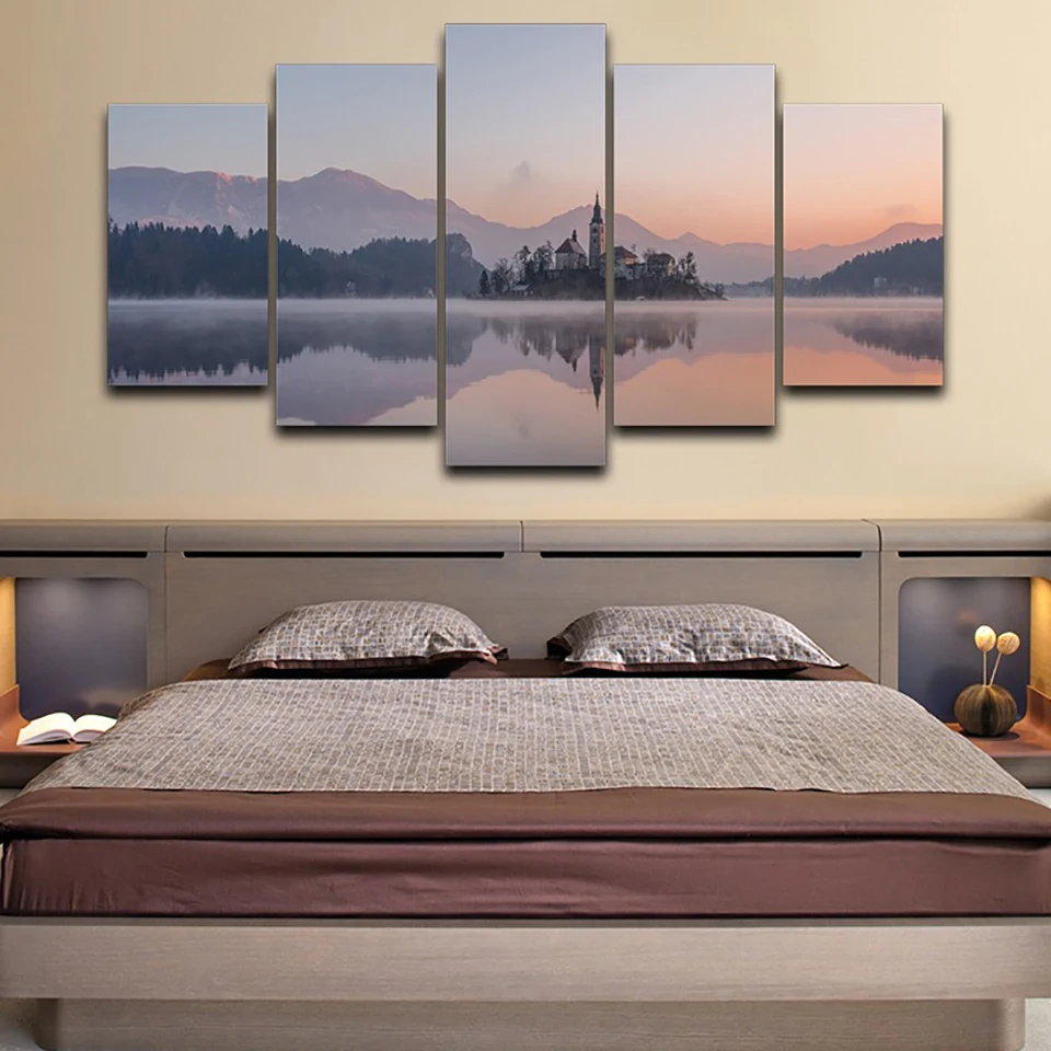

HD Frame Home Decor Canvas Painting Printed Pictures 5 Panel Lake Castle Mountain Landscape Modern Poster Wall Art Living Room