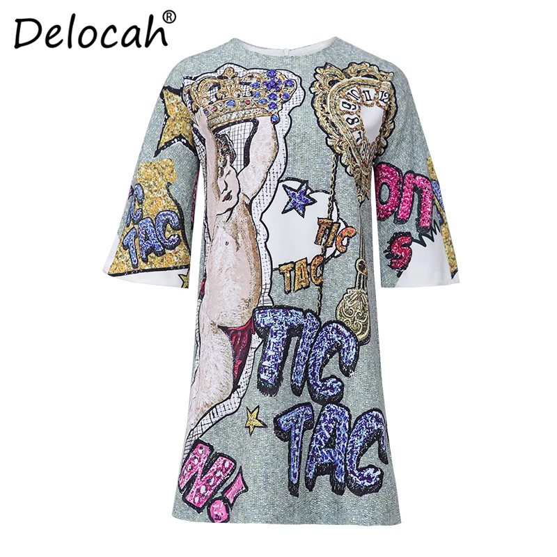 Delocah женское весенне-летнее платье модный дизайнерский костюм с коротким рукавом великолепное винтажное платье трапециевидной формы с принтом в виде кристаллов