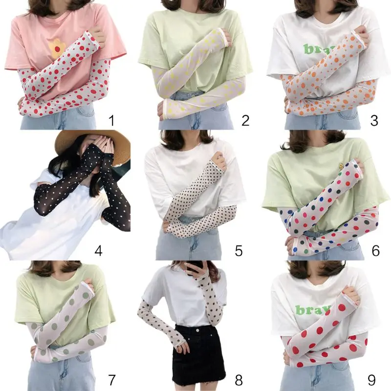

Korean Women Girl Summer Ice Silk Arm Sleeves Cover Retro Colored Polka Dot Print UV Protection Driving Cycling Sunscreen Gloves
