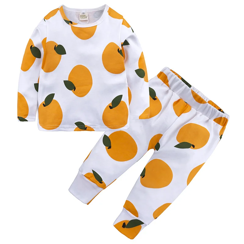 Детские пижамы; комплект из 2 предметов; весенне-осенняя Хлопковая пижама с длинными рукавами; мягкая домашняя одежда для новорожденных мальчиков и девочек; одежда для сна с рисунком фруктов