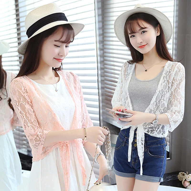 

Carol Diaries Summer Thin Three Quarter Sleeve Handmade Crochet Lace Mesh Shrug Women Cardigan Feminino Short Cape Elegant Tops