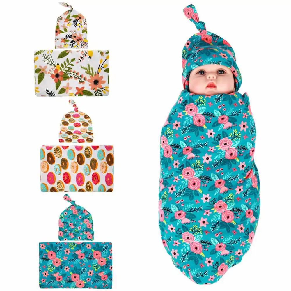 

Cotton Baby Swaddle+Hat Set Flower Donuts Pattern Wrap Infant Newborn Receiving Blanket Bed Sheets Bath Towel 90*90cm