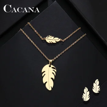 CACANA Stainless Steel Sets For Women Feather Shape Necklace Bracelet Earring Jewelry Lover's Engagement Jewelry