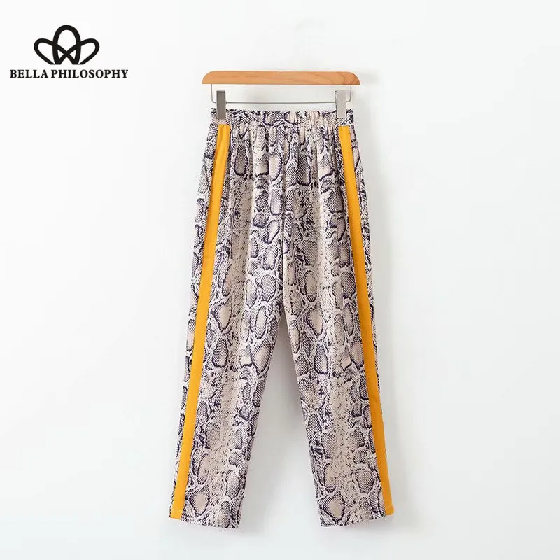 Wonder 2018 new Vintage snake skin Print side stripe pants ankle length elastic waist pocket Trousers female sexy Leisure Pants