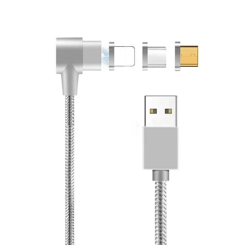 90 градусов прямоугольный usb type C/IOS/Micro USB 3 в 1 Магнитный зарядный кабель быстрое зарядное устройство нейлоновый Плетеный Магнитный зарядный кабель - Тип штекера: 3 in 1 Silver