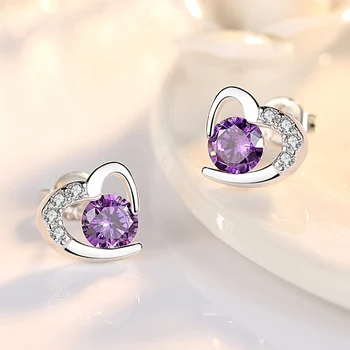 

New Small White Purple Crystal Earrings for Girls Children Lovely Heart Shaped Mosaic CZ Zircon Earrings Party Birthday Jewelry