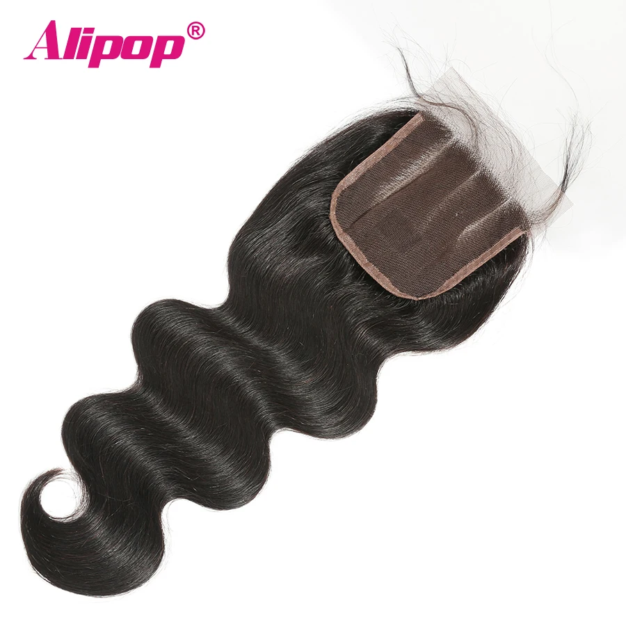 Бразильские волосы с закрытием волнистые человеческие волосы 4x4 Топ швейцарские кружева предварительно сорванные с волосами младенца Remy натуральный черный ALIPOP