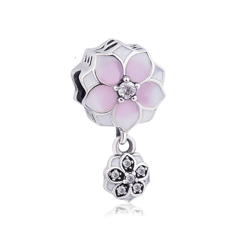 

Authentic 925 Sterling Silver Charm Enamel Magnolia Bloom Duo With Crystal Pendant Beads Fit Pandora Bracelet & Necklace Jewelry