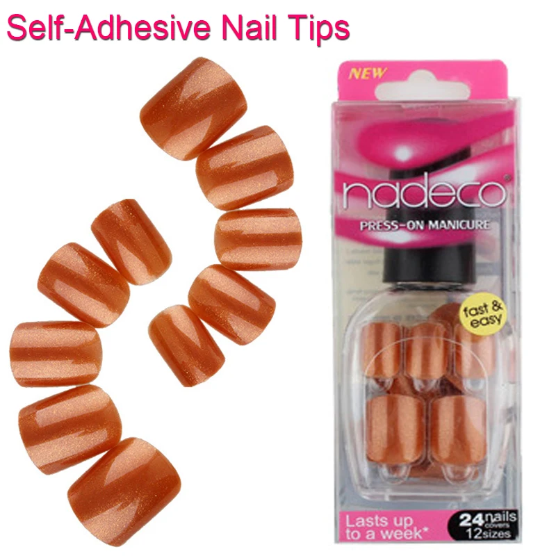 12Sets Full Cover Gold Brown Self Adhesive Fake Nail Polish Tips Pure