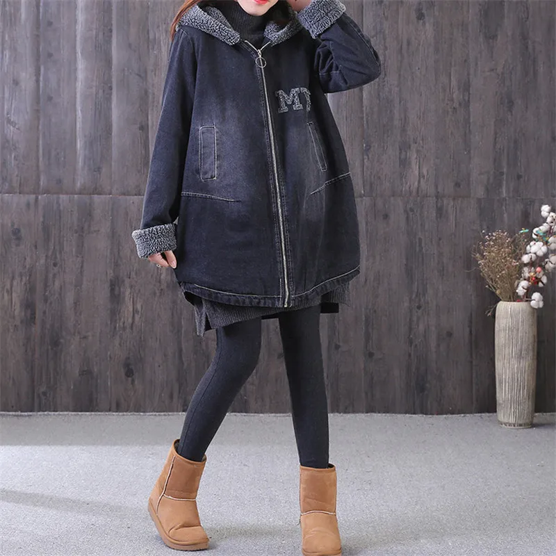 New Women Denim Jacket Spring Lamb Hair Plus Velvet Thickening Hooded Outerwear Winter Medium Long Warm Loose Cowboy Coat Lj277