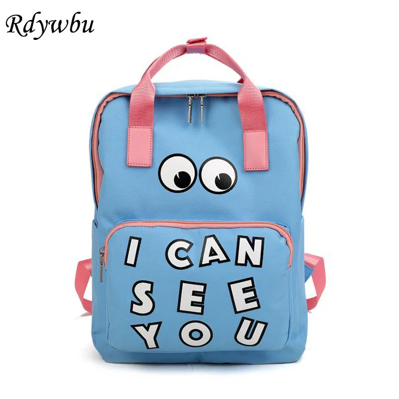 

Rdywbu Funny Cartoon Big Eyes Printing Backpack Women Letters Travel Bag Student Girls Large Canvas School Book Bag Mochila B411