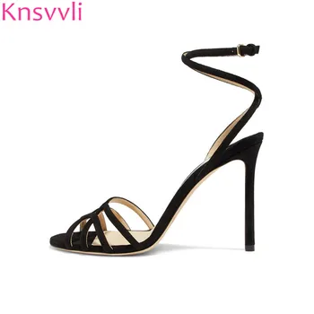 

Knsvvli Black Suede Cut Outs Sandals Women Sexy Thin High Heels Open Toe Ankle Buckle Strap Shoes Woman Summer Sandalias Mujer