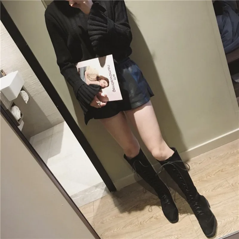 COOTELILI Fashion Knee High Boots For Women Rubber Shoes Women Lace-Up Brogue Boots Women 35-39 (11)
