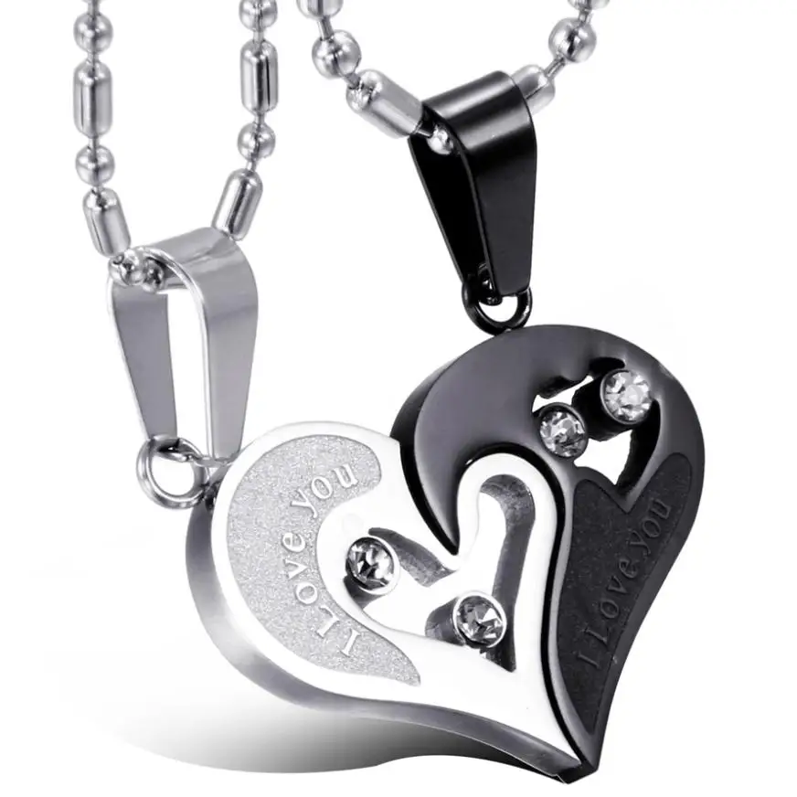 Модный корейский кулон Цепочки и ожерелья с лазерной гравировки I Love You Matching Hearts CZ Кристалл Комплект ожерелий для пар 316L Нержавеющая сталь 1 пара - Окраска металла: Black Silver