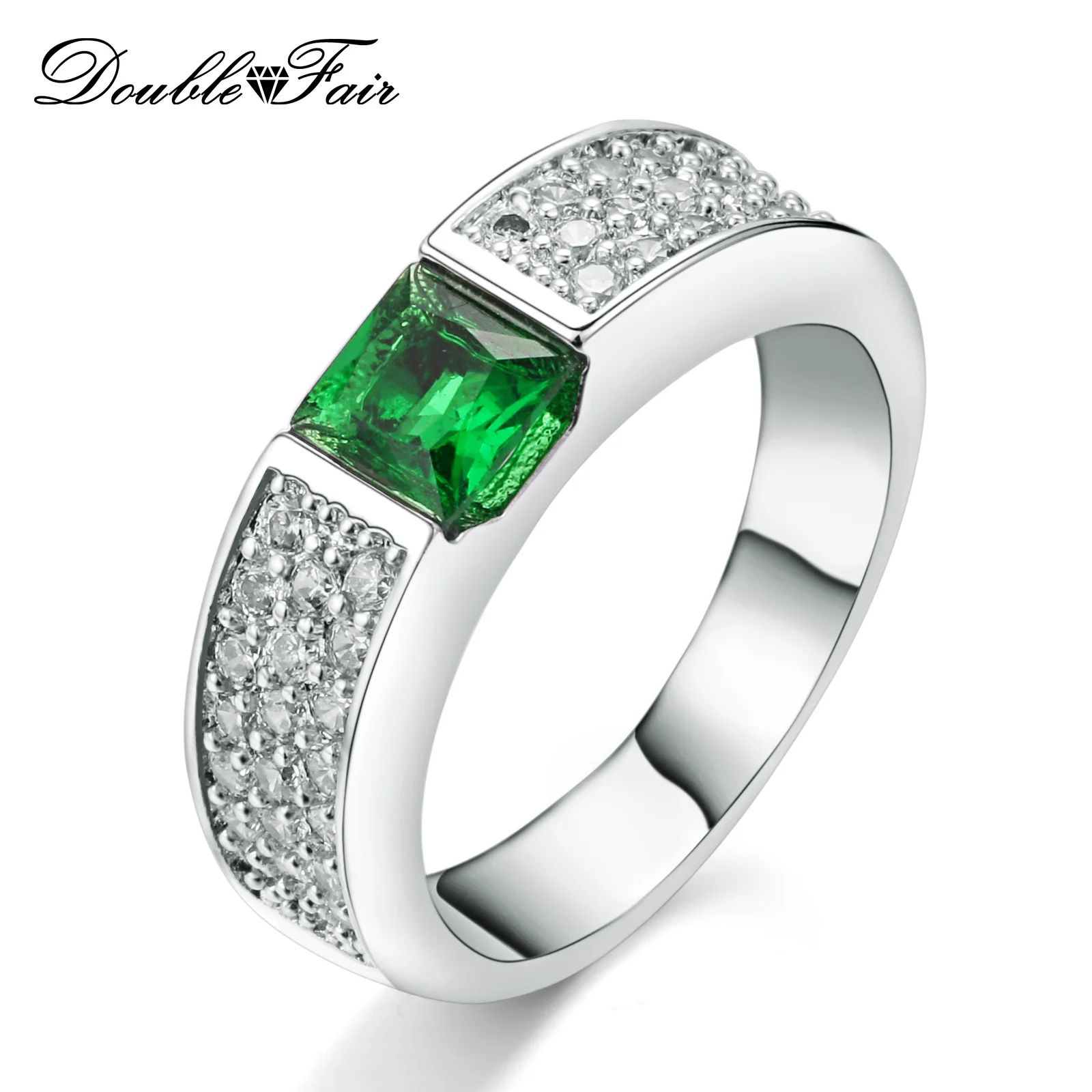 

Double Fair Silver Color Square Cut Green Crystal Ring Fashion Jewelry Cubic Zirconia Rings For Women Gift DFR483