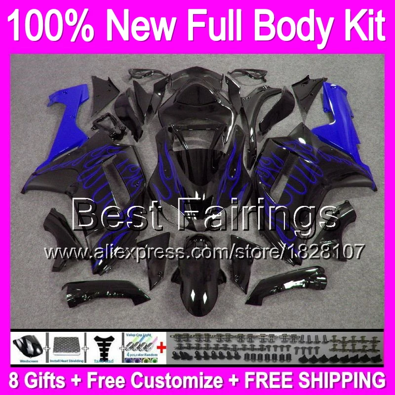 

HOT +decal For KAWASAKI NINJA Black blue 07-08 07 08 B1156 ZX 6R 636 ZX636 ZX-636 Blue flames ZX6R ZX-6R 2007 2008 Fairing