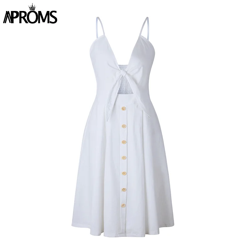 Aproms открытое повседневное женское платье с высокой талией летнее платье с открытой спиной женские красные платья с бантом на пуговицах Vestidos - Цвет: White