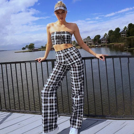 

High Quality Plaid Sexy Women Sets Strapless Short Tops Rayon Bandage Night Club Sets