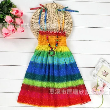 

Girl Beach Floral Princess Dresses 2019 Summer Sling Rainbow Print With Necklace Teenage Children's Party Costumes Kids Clothing