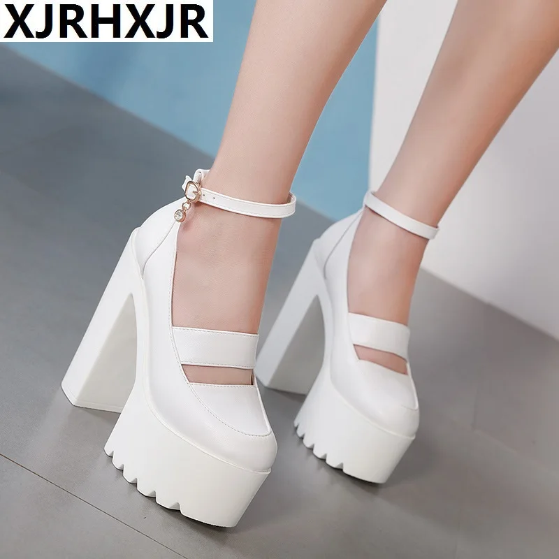 

XJRHXJR 2019 new spring autumn casual high-heeled shoes sexy thick heels platform pumps Black White  