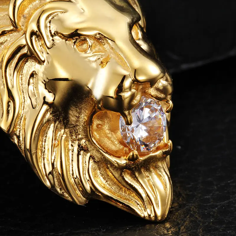 Gold or Silver Color Stainless Steel Fashion New Men's Boy's Lion Pendant Necklace White Stone 5