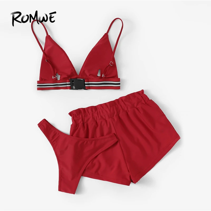 Romwe الرياضة الأحمر 3 قطع حزمة البيكينيات مجموعة مخطط تريم المثلث البرازيلي مع اللباس الداخلي و شورتات للبحر النساء السباحة مجموعات ملابس الس...