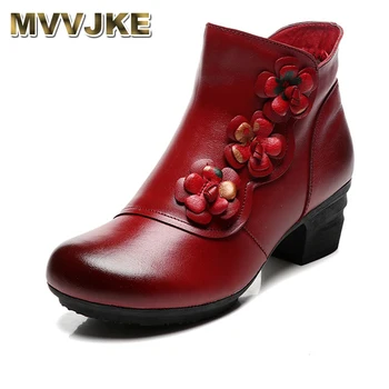 

MVVJKE Ankle Boots Nice Women Shoes Genuine Leather Winter Boots Soft Flower Leather Comfortable Warm Spare Heel Boots New