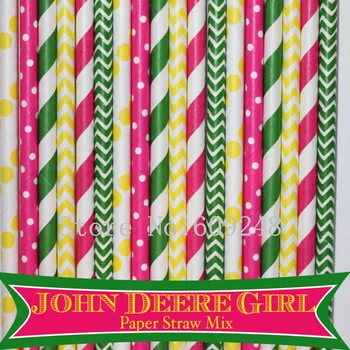 

150pcs Mix Colors John Deere Girl Party Paper Straws,Yellow Dot,Chevron,Green Striped, Zig Zag,Deep Pink Stripe,Swiss Dot,Bulk