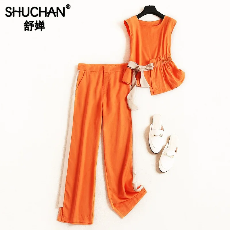 

Shuchan Office Lady Two Piece Set Top and Pants Ensemble Femme Deux Pieces Tank+ Ankle-Length Pants Summer Suit Female 51403
