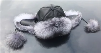 Натуральным лисьим мехом меховые шапки-бомберы с шляпа из натуральной кожи для Для женщин зима ухо енота меховая шапка - Цвет: Black Slive