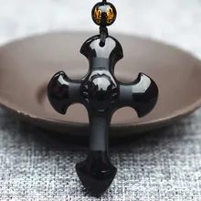 Прямая натуральный черный обсидиан резной крест счастливый кулон бусы ожерелье для женщины мужчины ручной резной подвески ювелирные изделия