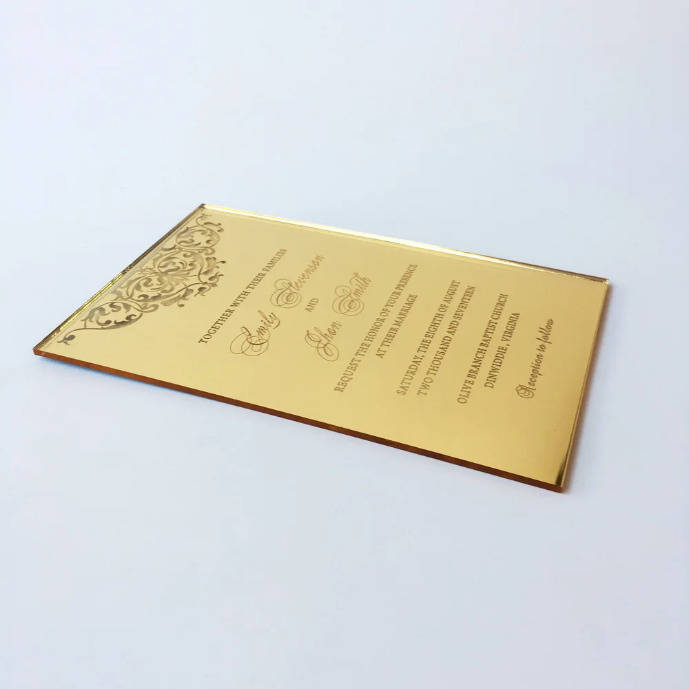  115x175mm Rectangle Shape Engraved Golden Mirror Acrylic Wedding Invitation Card Set 100 Sets Per L - 32829990457
