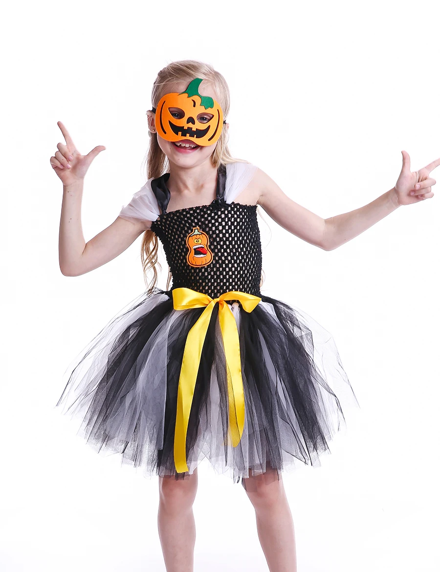 Halloween Jack o Lantern Tutu Dress Personalized Girls Pumpkin Tulle Dress with Matching Mask Kids Ghost Clothing for Party (9)