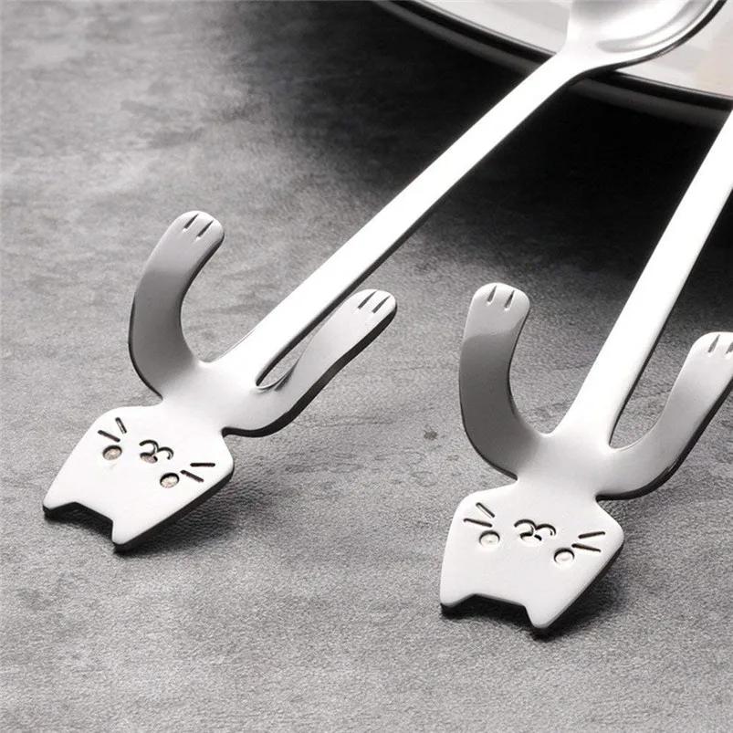 Kitchen Small Mini 304 Stainless Steel Cat Coffee Spoon Teaspoon Dessert Spoon Long Handle Tableware Rose Gold Flatwara 40JY150