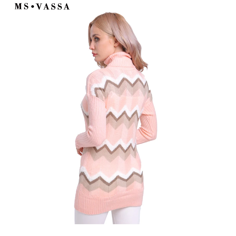 MS VASSA Plus size Sweaters Ladies 2018 New Knitted stripe Women pullovers Autumn Winter Turtleneck jumpers oversized 5XL