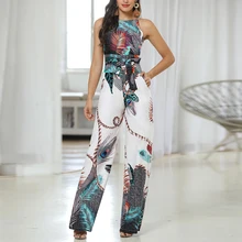 Женский комбинезон на бретельках с принтом павлина, летние длинные Комбинезоны с принтом, широкие штаны, комбинезоны