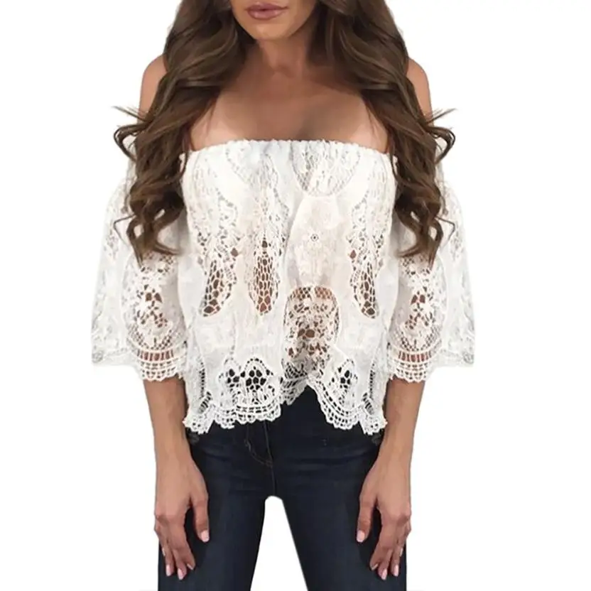 Boho Fashion Women White Blouse Sexy Off Shoulder Lace Hollow Lace ...