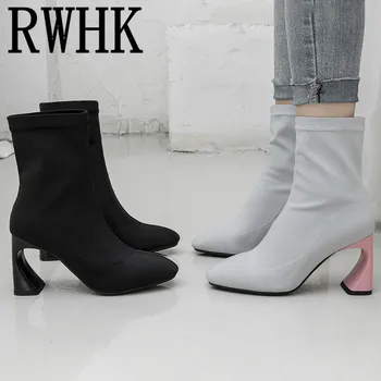 

RWHK high heel boots 2019 autumn and winter new square head fashion women's boots sleeve heterosexual heel M001