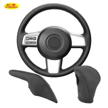 

PONSNY Car Steering/Gear/Handbrake Genuine Leather Covers Case for Mazda 2 2007-2012 Auto Hand-stitched Covers