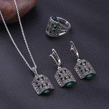 Наборы ювелирных изделий, черные стразы и зеленая смола, кулон, ожерелье, набор старинных серебряных украшений