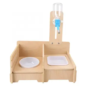 

Multi-Function Wooden Assembled Pet Cat Dog Double-Bowl Feeder with Adjustable Water Bottle