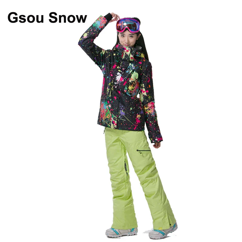 Gsou Snow Thermal Women Colorful Graffiti Ski Suit Waterproof Snowboard Jacket Winter warm suit Sport full suit 1797-071