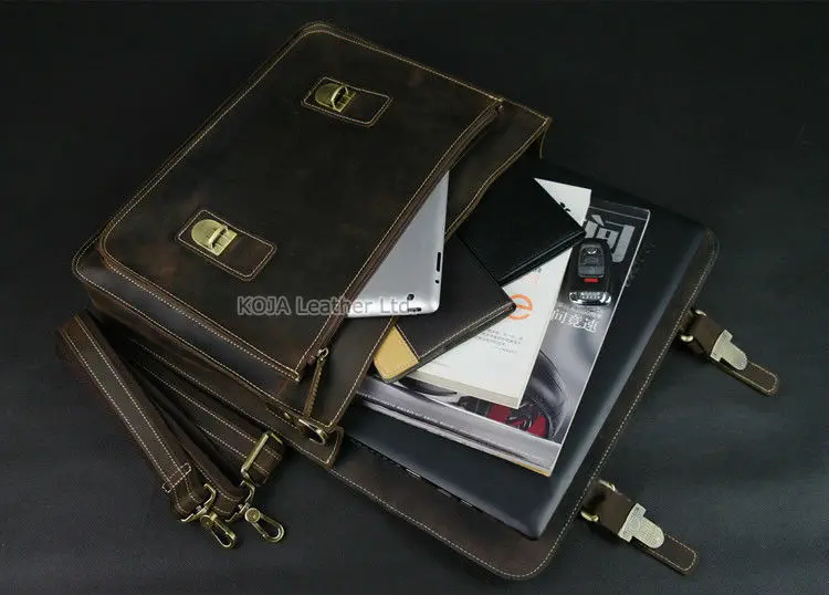 Vintage Crazy Horse Genuine Leather Men Briefcase 15" Laptop Bag Work Business Bag Shoulder Messenger Bag Male Tote Handbag M088 5