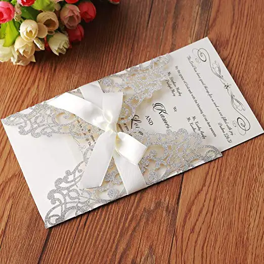  25PCS 5.12 x 7.1 '' Laser Cut Bling Wedding Invitations Cards with Ivory Ribbons - 4.00002E+12