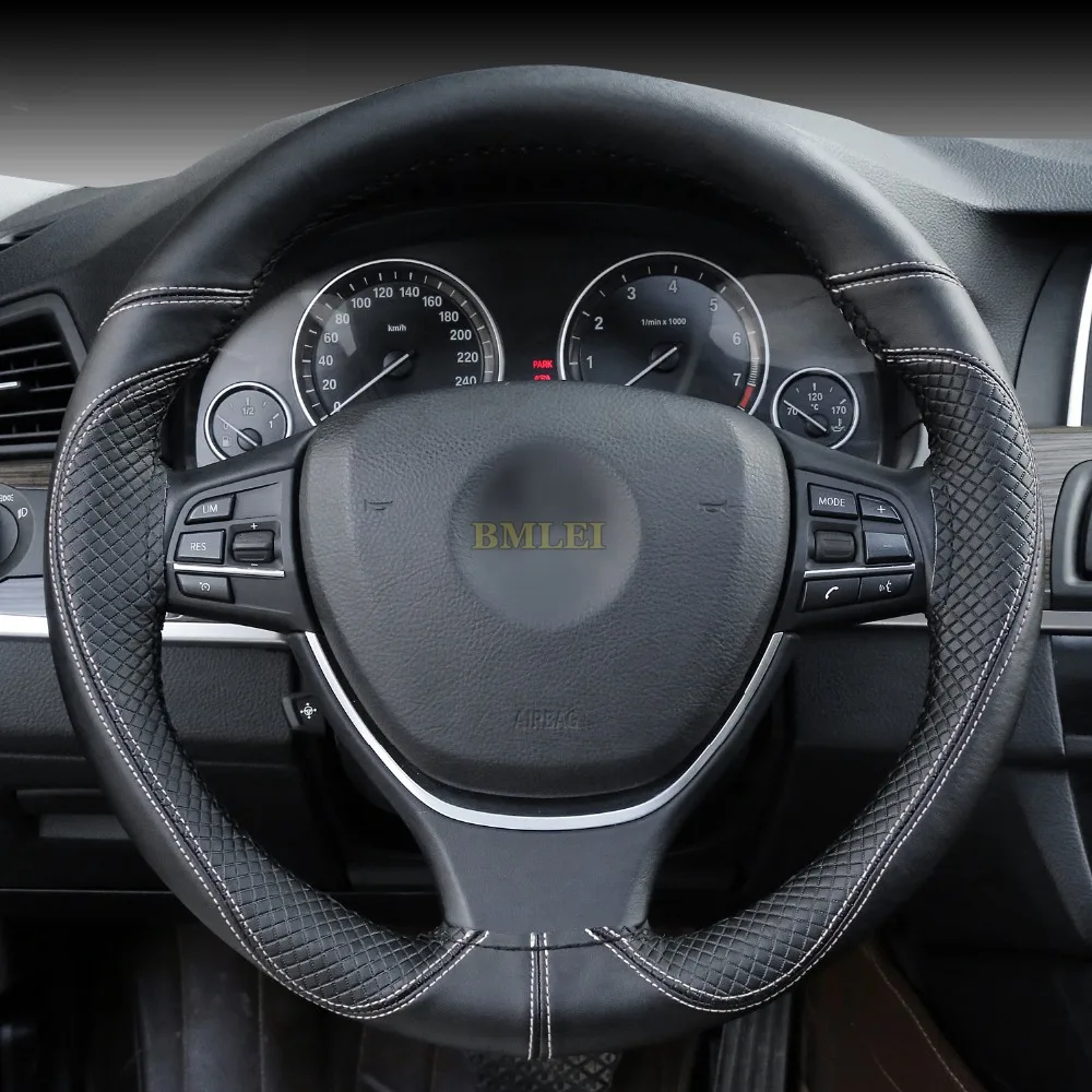 

DIY Genuine Leather Steering Wheel Cover Breathable Anti Slip Design Auto Steering-Wheel Braid Case fit car suv diameter 38cm