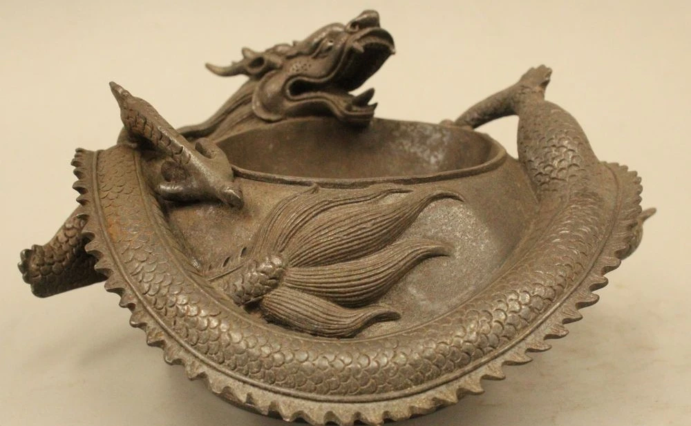 Chinese Folk Purple Bronze Dragon ashtray Bowl marked Dynasty Palace Statue | Дом и сад