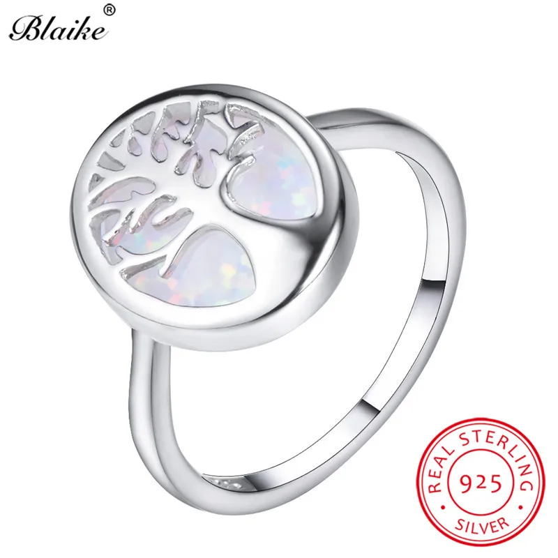 Blaike Luxury Blue/White Fire Opal Cute Life Tree Rings For Women Men 925 Sterling Silver Birthstone Fine Jewelry Graduate Gift - Gem Color: White Opal Ring